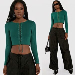 Atoir Emerald Green Lace-Up Crop Top